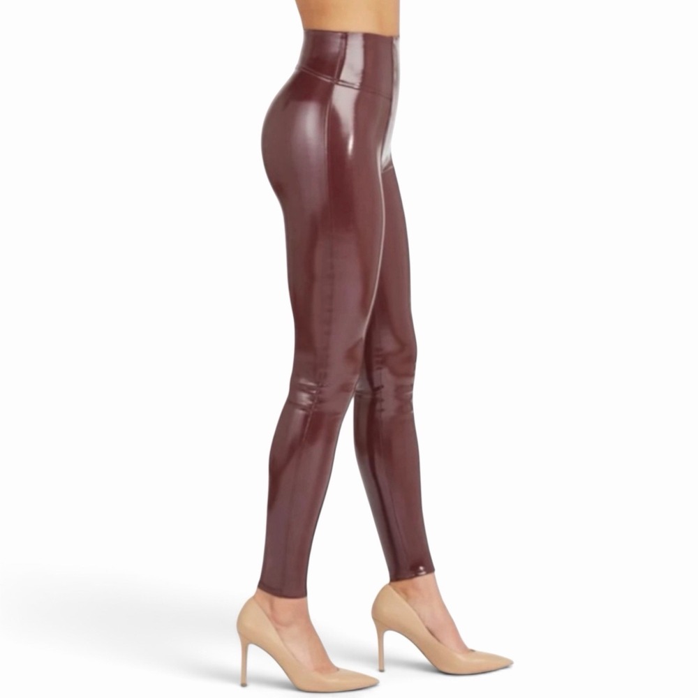 Spanx Ruby Red Faux Patent Leather Leggings High Rise Full Length Size XS